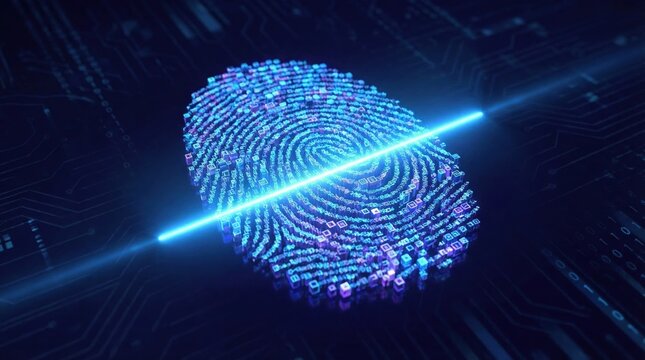 Fingerprint Scan Technology: A vivid digital rendering of a glowing fingerprint being scanned by a futuristic blue light, symbolizing security and access.