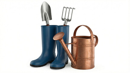 Blue rubber boots with watering can and gardening hand tools png