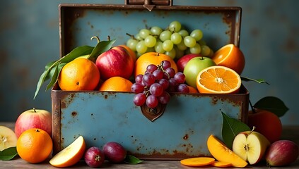 Metal toolbox packed with oranges, grapes, apple slices and mango instead of tools, humorous twist, bright market-friendly concept.