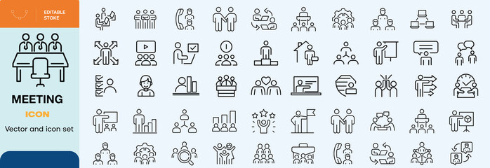 Meeting icon set. Containing seminar, business meeting, presentation, interview, conference, assembly, agreement and discussion icons. Solid icon collection.