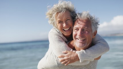 An elderly couple is having fun at the beach with the woman playfully giving the man a piggyback ride. They are smiling widely and enjoying the sunny weather with waves in the background.