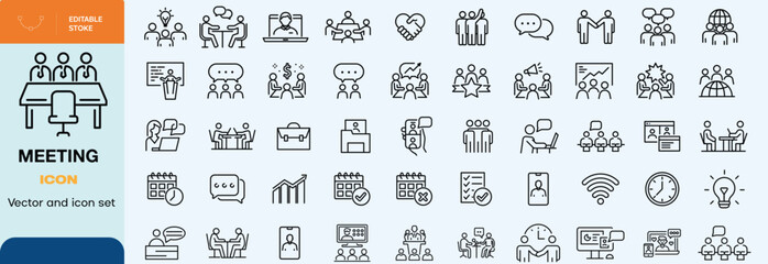 Meeting icon set. Containing seminar, business meeting, presentation, interview, conference, assembly, agreement and discussion icons. Solid icon collection.