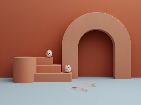 Abstract terracotta arch and podium with speckled eggs on blue background. Minimalist 3D Easter composition.