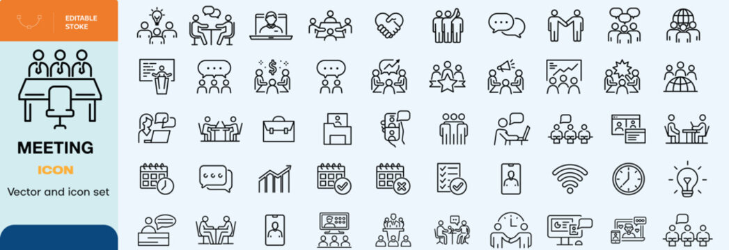Meeting icon set. Containing seminar, business meeting, presentation, interview, conference, assembly, agreement and discussion icons. Solid icon collection.