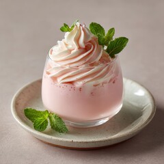 Elegant Pink Strawberry Mousse Dessert with Swirled Whipped Cream and Fresh Mint.