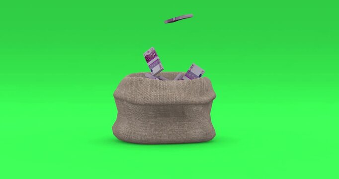 Falling Euro Bills into Burlap Sack. Investment Success, Financial Growth, and Richness Concept.