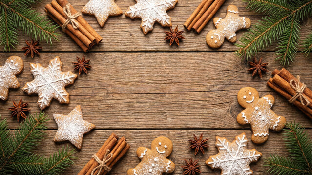 Rustic Christmas Food Background with Gingerbread Cookies, Cinnamon Sticks, and Star Anise on Wooden Table with Copy Space