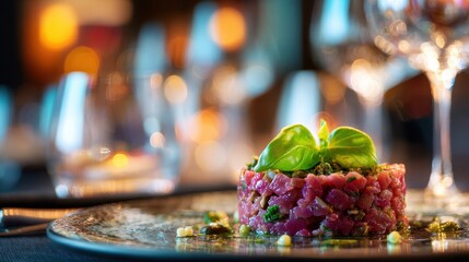 Elegant Red Tartare Dish with Fresh Green Garnish, Warm Restaurant Bokeh Background.