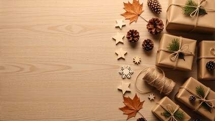 Christmas gift wrapping flat lay with natural decorations. Rustic holiday presents with pinecones and twine on a wooden background. Holiday composition with copy space