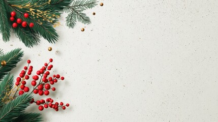 Evergreen branches with bright red berries and golden accents create a cheerful holiday atmosphere on a soft neutral background. This arrangement brings warmth and joy to any space.