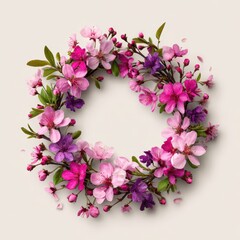 Elegant Spring Blossom Wreath - Pink, Fuchsia, Purple Flowers on Soft Beige Background.