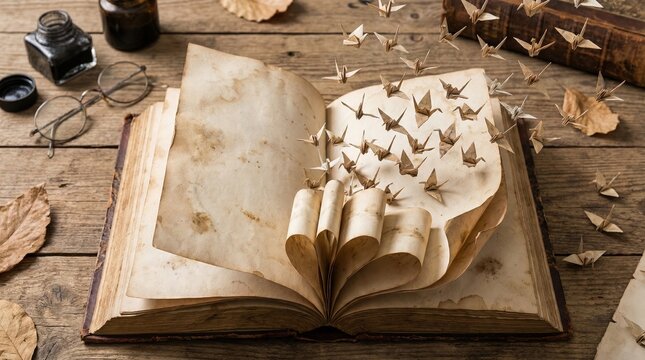 A story unfolds: An open, antique book, its aged pages gently revealing origami cranes, pens, and spectacles. A scene of literary nostalgia 