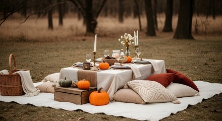 Cozy outdoor autumn picnic table setting with pumpkins and candles