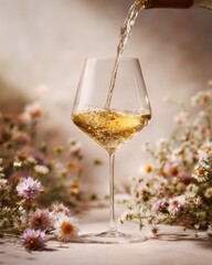 Elegant White Wine Pour Amidst Delicate Floral Arrangement.