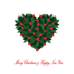 Merry Christmas & Happy New Year banner holly heart shaped, holly design element stock vector illustration