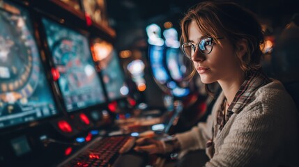 A young woman with glasses is focused on playing slot machines in a colorful casino filled with bright lights and sounds. The atmosphere is lively and engaging at night.