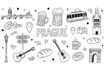 Obraz premium Prague landmarks and culture: bridge, beer, tram, and music icons in doodle art