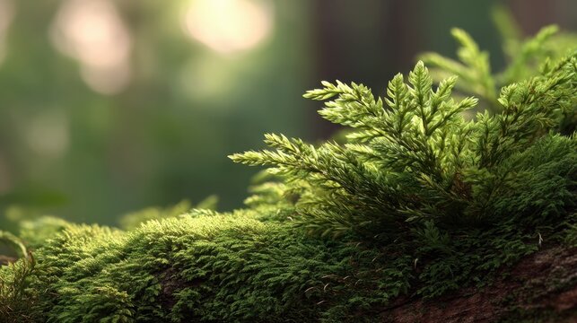 Lush Green Moss and Ferns on a Tree Log in a Serene Forest Environment with Soft Sunlight and Natural Background Elements
