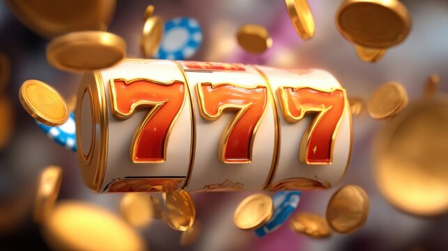 A slot machine displays the number seven on all three reels surrounded by flying coins and casino tokens. The lively atmosphere highlights the excitement of winning at night.
