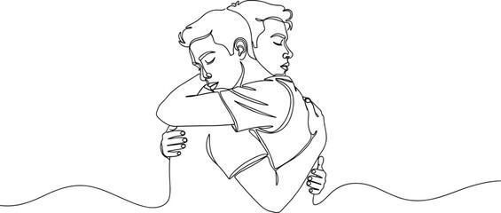 Continuous One Line Drawing of Two Men Hugging Embracing in Minimalist Vector Style