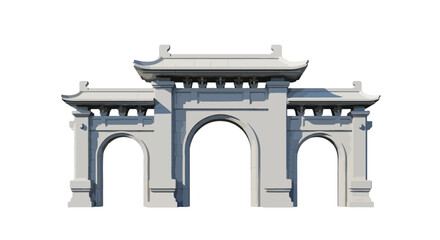 Elegant traditional East Asian architectural gate and archway illustration, featuring classical tiered roofs and multiple arched entrances in pristine white rendering