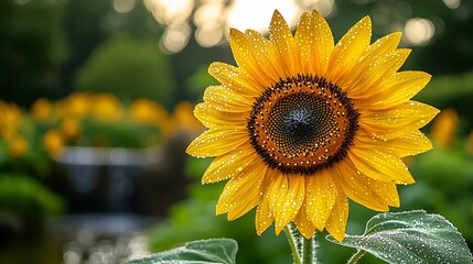 Naklejka premium Striking Close-Up of a Sunflower in a Lush Garden: A Detailed View of a Vibrant Yellow Flower Head with Water Droplets, Set Against a Blurred Green Background