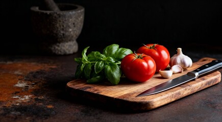 Fresh Italian food ingredients with tomatoes, basil, garlic, and a knife on a wooden cutting board with a mortar, generative AI