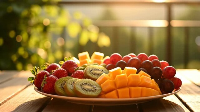 Fresh summer fruit platter of mixed fruits on a wooden table.