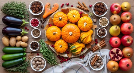 Abundant autumn harvest of fresh fruits vegetables and spices