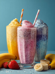 Colorful three-layer fruit and berry smoothie in glasses on pastel blue background