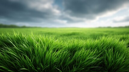 Lush Green Grass Under Dramatic Cloudy Sky with Soft Light and Depth for Nature, Relaxation, and Scenic Outdoor Background Use in Photography
