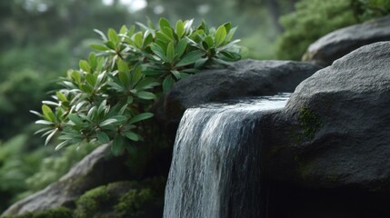 Tranquil nature scene featuring a serene waterfall cascading over rocks surrounded by lush green foliage and vibrant leaves in a peaceful forest setting