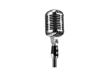 Isolated vintage silver microphone on stand for music recording display.