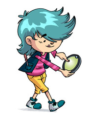 Smart little scientist girl with round tablet