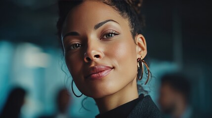 Obraz premium A confident woman stands in a bright office space smiling softly while looking directly at the viewer. Her stylish attire and natural beauty create an inviting presence.