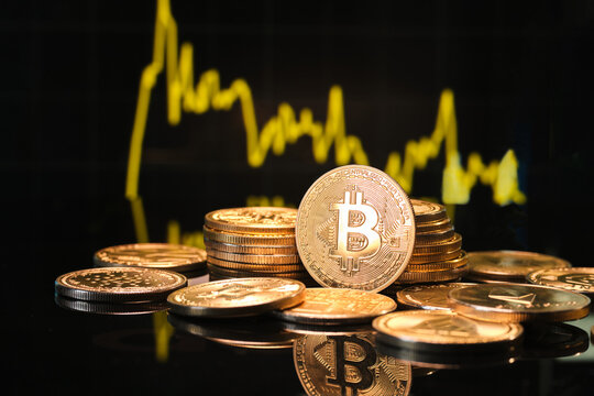 Growth of Bitcoin With Cryptocurrency Coins on a Reflective Surface