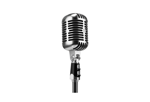 Isolated vintage silver microphone on stand for music recording display.