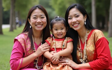 Filipino Family Celebrating Asian American and Pacific Islander Heritage Month in Colorful Traditional Attire. High quality