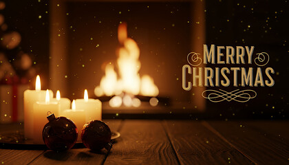 Gentle candle flames illuminate festive ornaments as the fireplace burns steadily in the background, casting a warm and inviting glow that enriches the Christmas celebration.