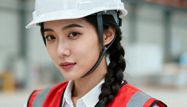 Confident young Asian woman industrial worker in a hard hat. Close-up portrait of a female engineer or technician in a factory. Professional safety and construction industry concept