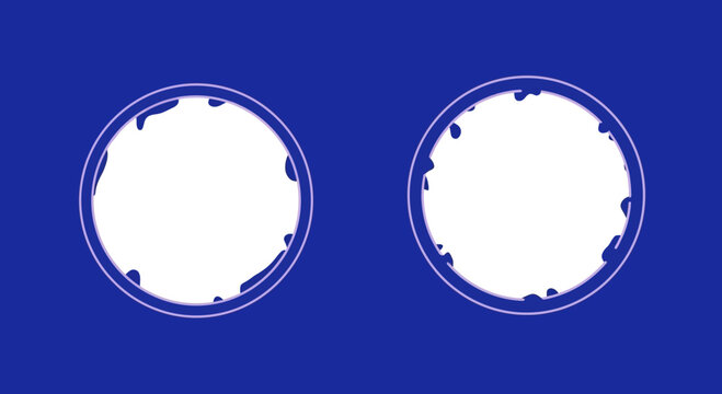 Abstract design featuring two circles with decorative edges on a blue background