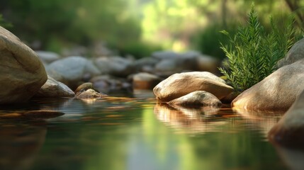 Tranquil Stream with Smooth Stones and Lush Greenery in a Sunlit Forest Setting, Reflecting Calm Waters and Natural Beauty
