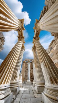 Ancient Pillars Ascend: Dramatic perspective of towering ancient pillars under a bright, cloud-strewn sky. A monument to history.