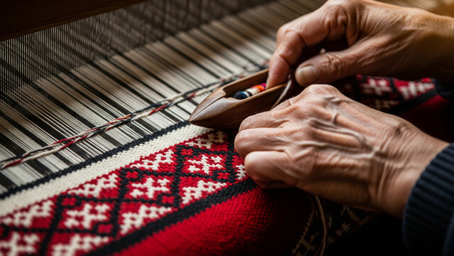 Close-up of elderly artisan hands using wooden shuttle to weave traditional red Sadu patterns on loom