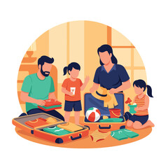 Family packing suitcases and preparing for a summer vacation together. Ideal for travel content, family lifestyle, holiday planning, and joyful seasonal illustrations