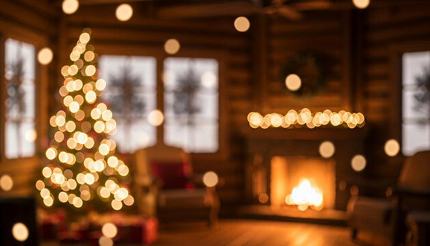 Cozy warmth radiates from the fireplace while glowing bokeh floats through the cabin, blending festive charm with the quiet stillness of the snowy outdoors.