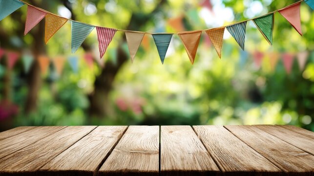 A wooden table sits outdoors adorned with colorful flags strung above. Lush greenery and soft lighting create a cheerful and inviting setting for celebrations and events.