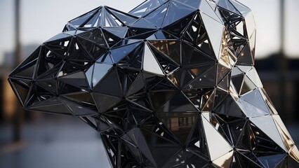 Fototapeta premium Futuristic Geometric Sculpture Made of Black and Mirror-finished Triangular Panels