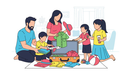 Family packing suitcases and preparing for a summer vacation together. Ideal for travel content, family lifestyle, holiday planning, and joyful seasonal illustrations