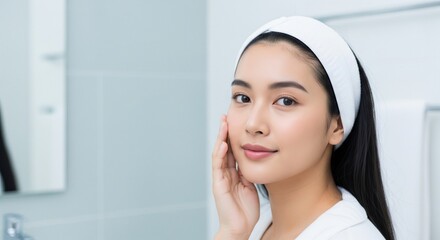 Woman touching face during skincare routine